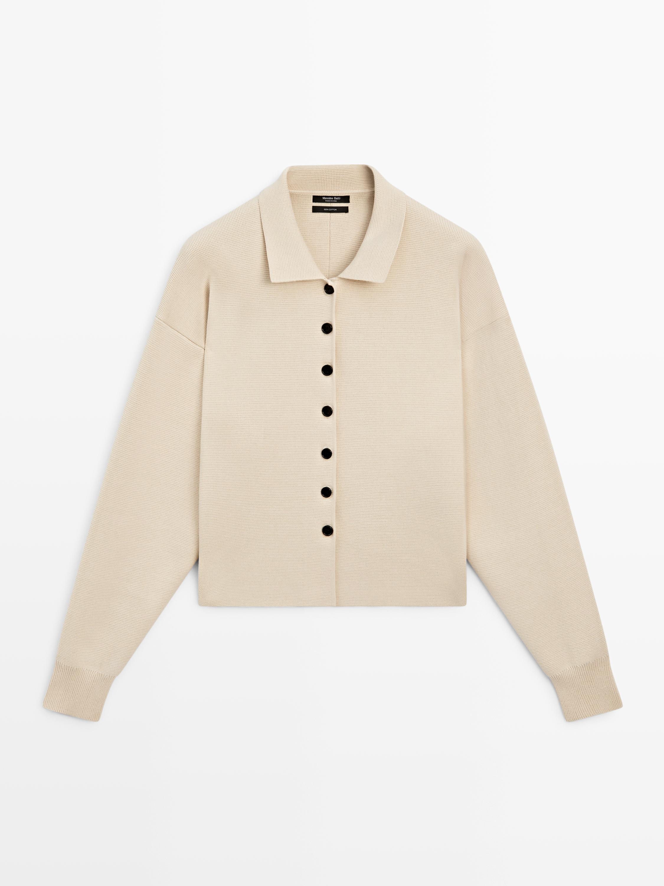 Cotton knit polo collar cardigan